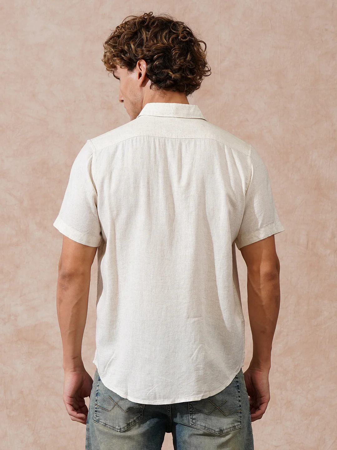 Solid Linen Blend Slim Fit Shirt | Ecru - Image 3