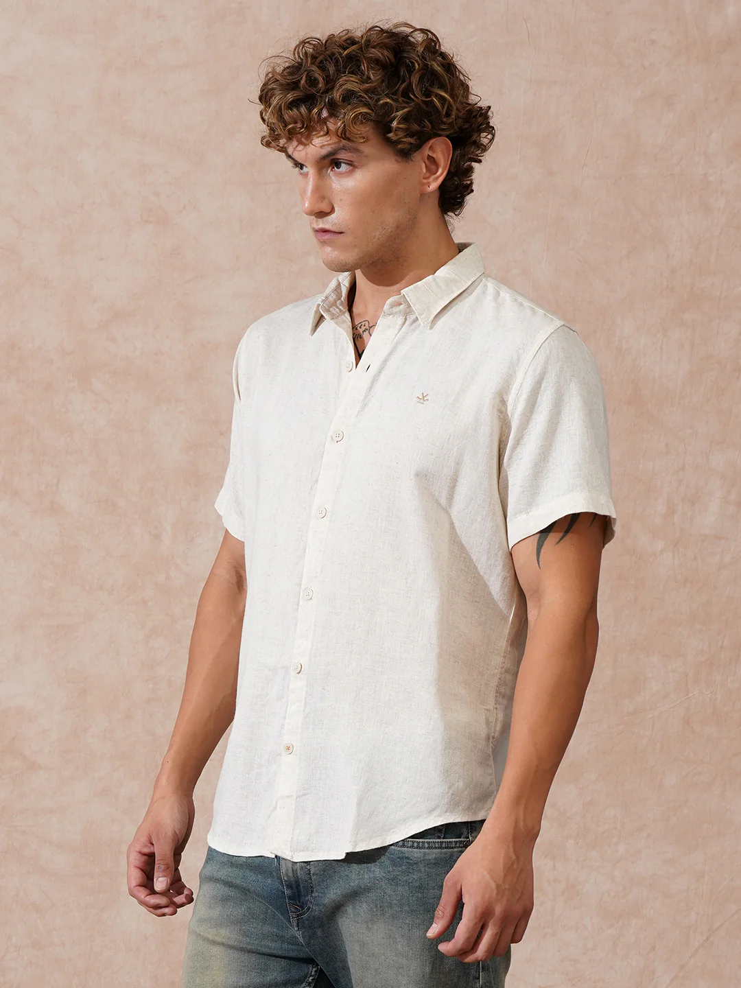 Solid Linen Blend Slim Fit Shirt | Ecru - Image 4