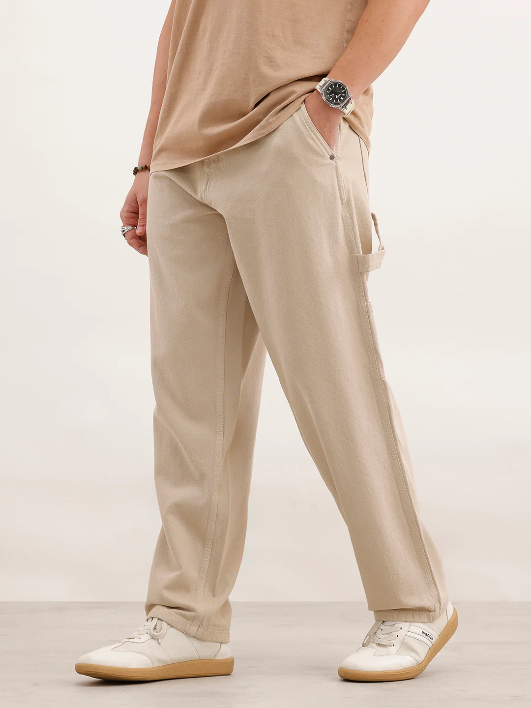 Loose Fit Cargo Denim Jeans  | Beige - Image 4