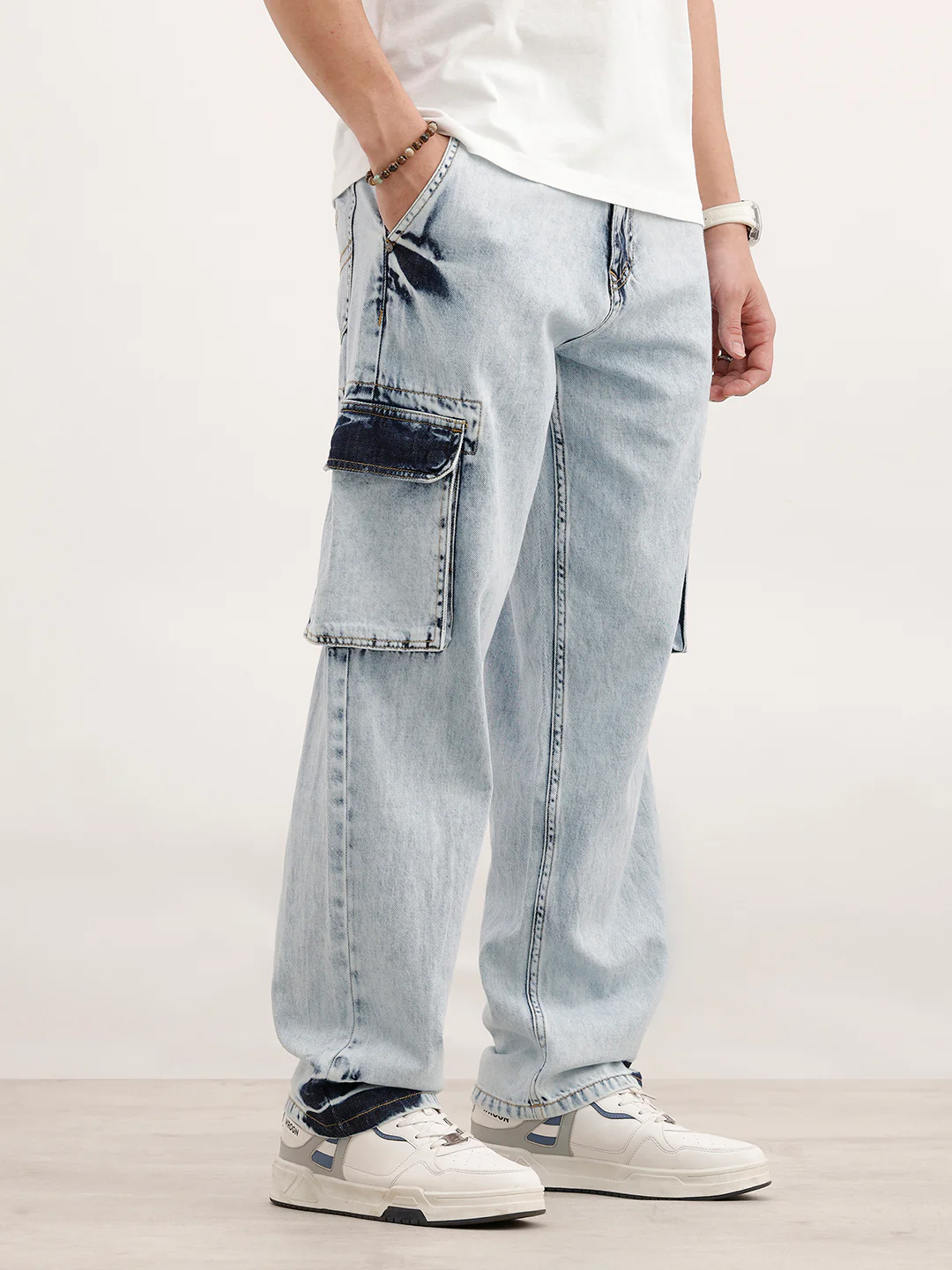 Loose Fit Cargo Denim Jeans  | Light Blue - Image 4