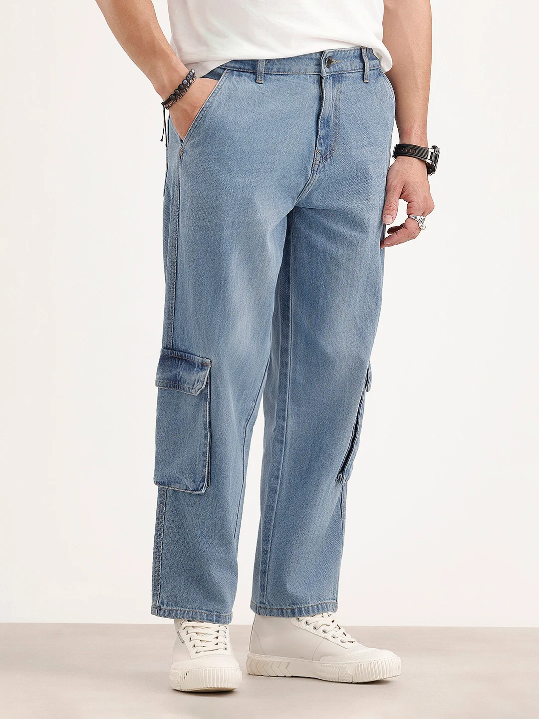 Loose Fit Cargo Denim Jeans | Light Blue - Image 4