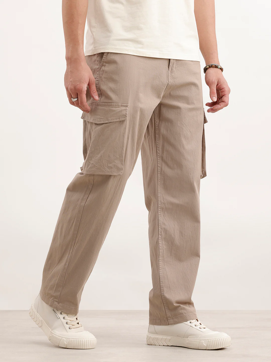 Loose Fit Cotton Blend Trouser  | Beige - Image 4