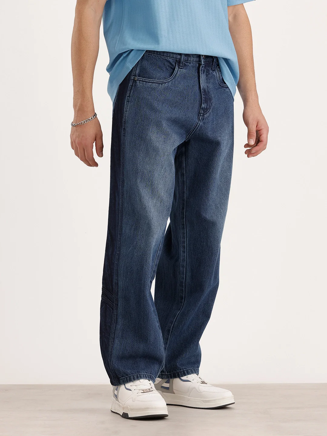 Loose Fit Cut & Sew Denim Jeans | Blue - Image 4