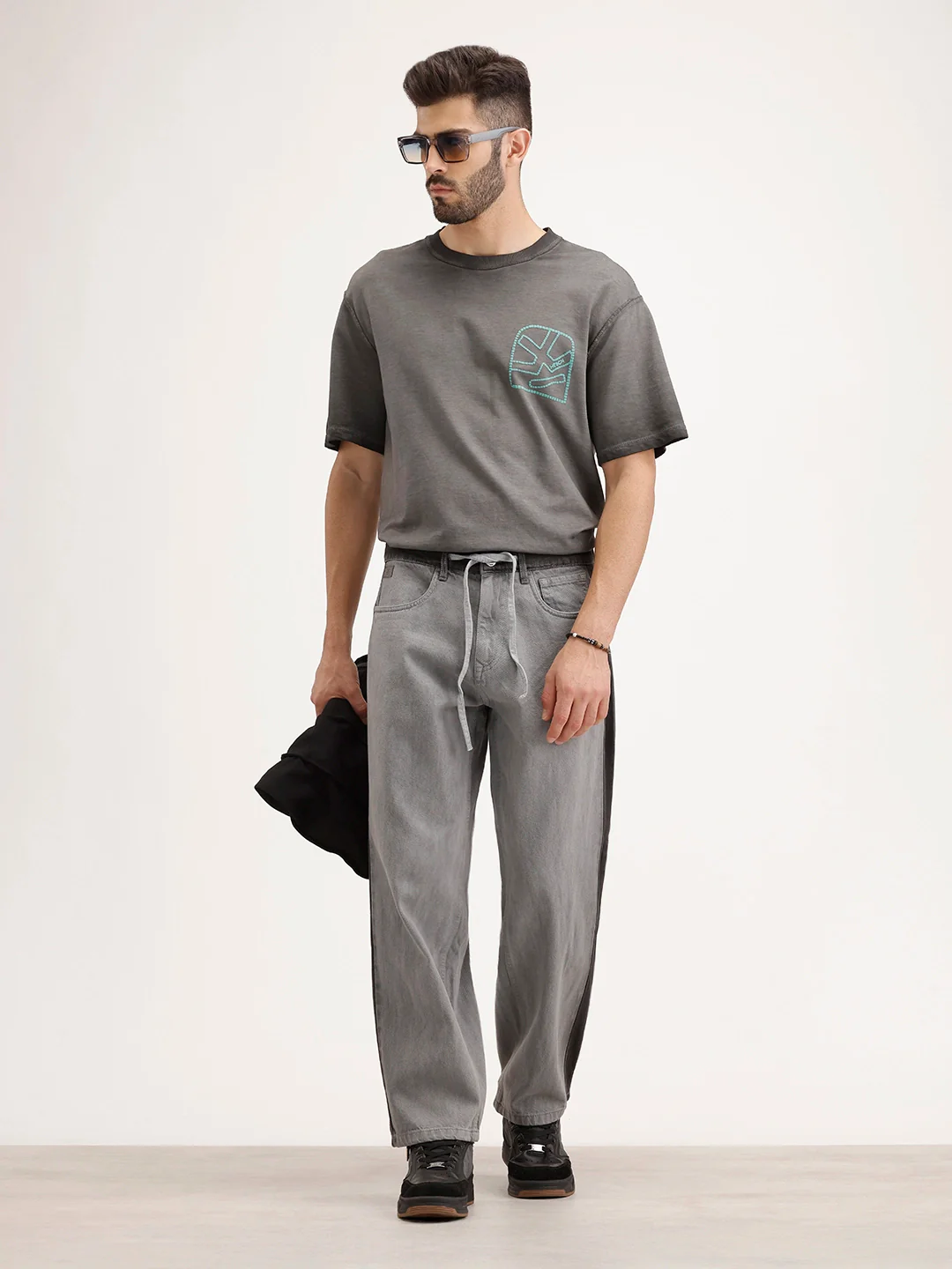 Loose Fit Cut & Sew Denim Jeans | Grey - Image 2