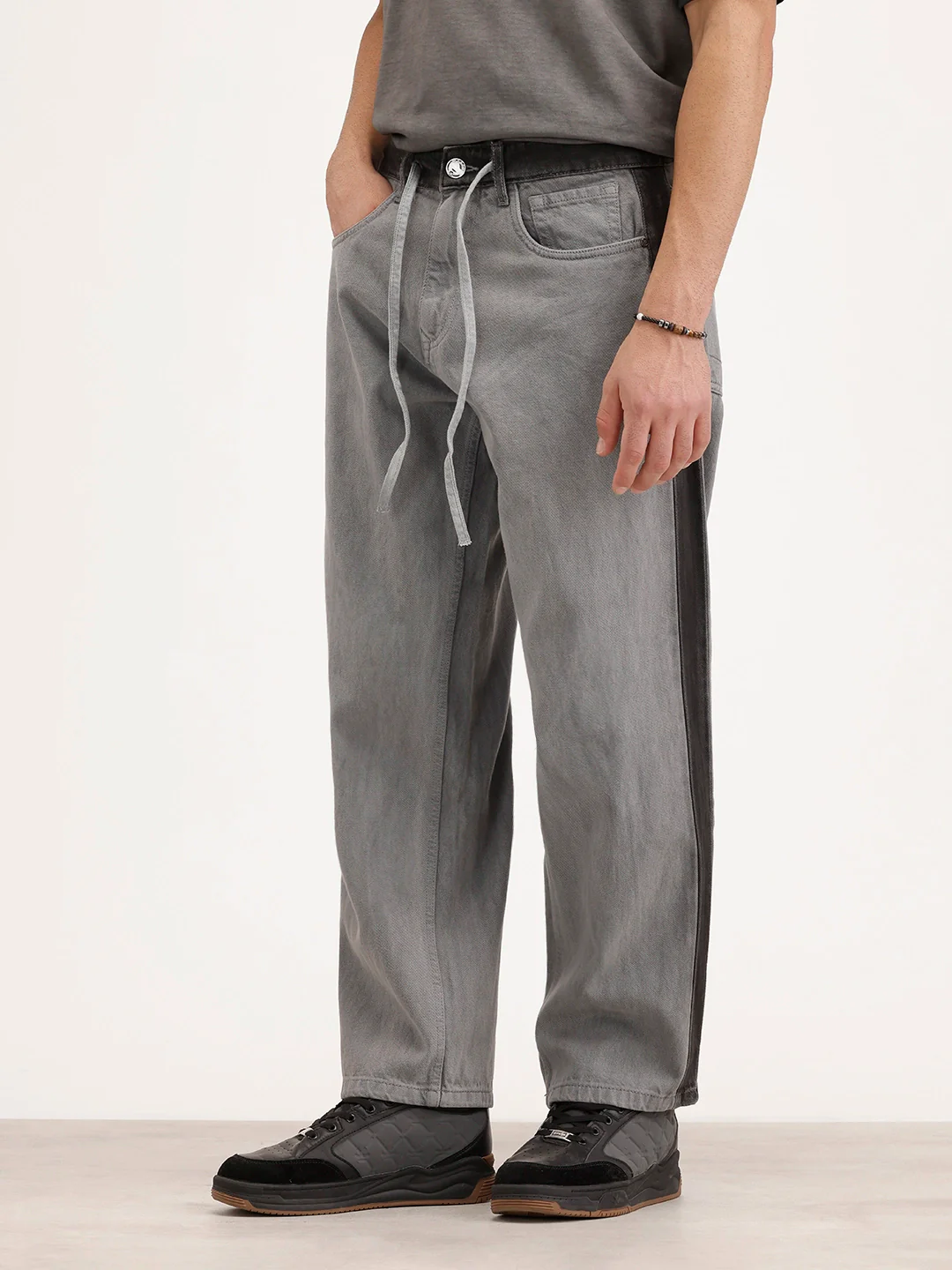 Loose Fit Cut & Sew Denim Jeans | Grey - Image 4
