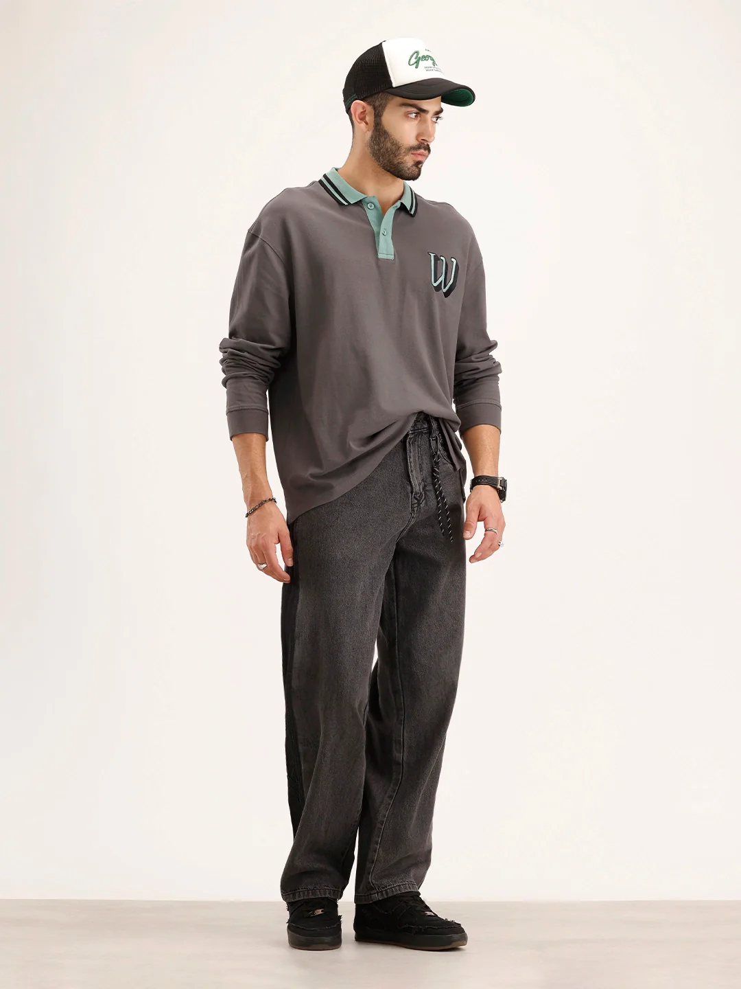 Loose Fit Cut & Sew Denim Jeans | Grey - Image 2