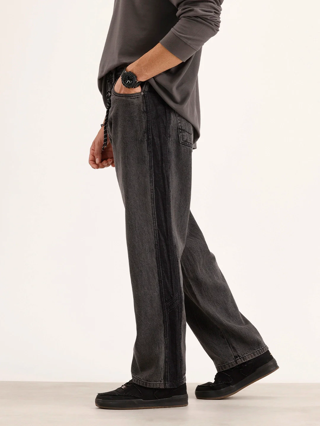 Loose Fit Cut & Sew Denim Jeans | Grey - Image 4