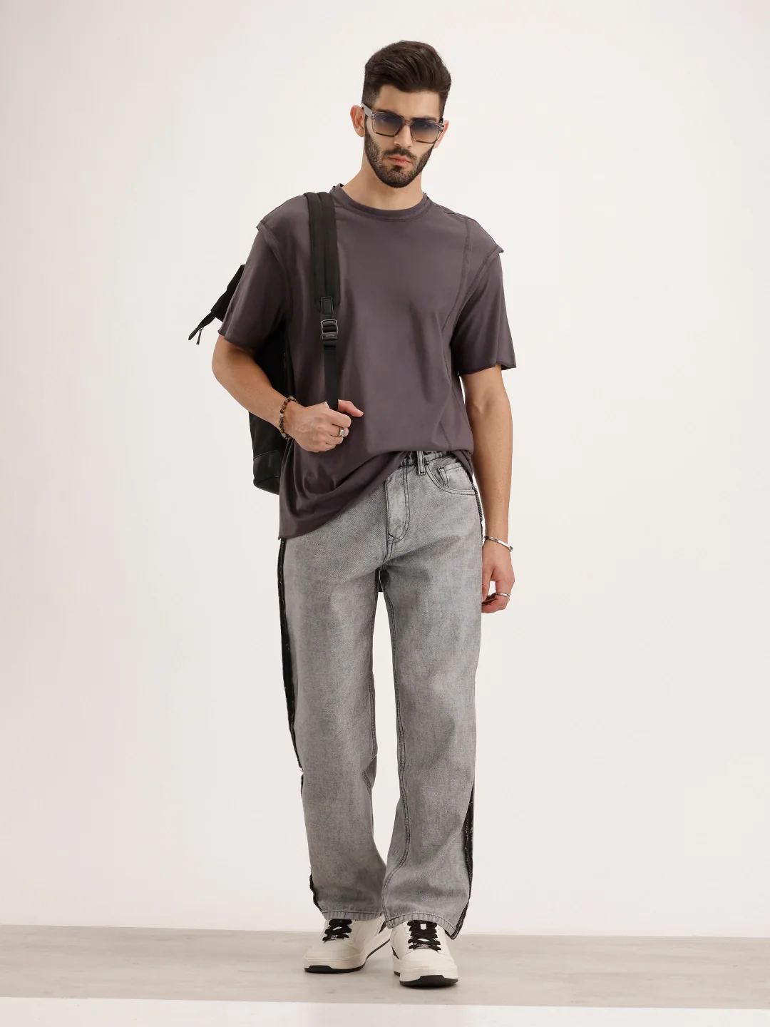 Loose Fit Cut & Sew Denim Jeans | Grey - Image 2