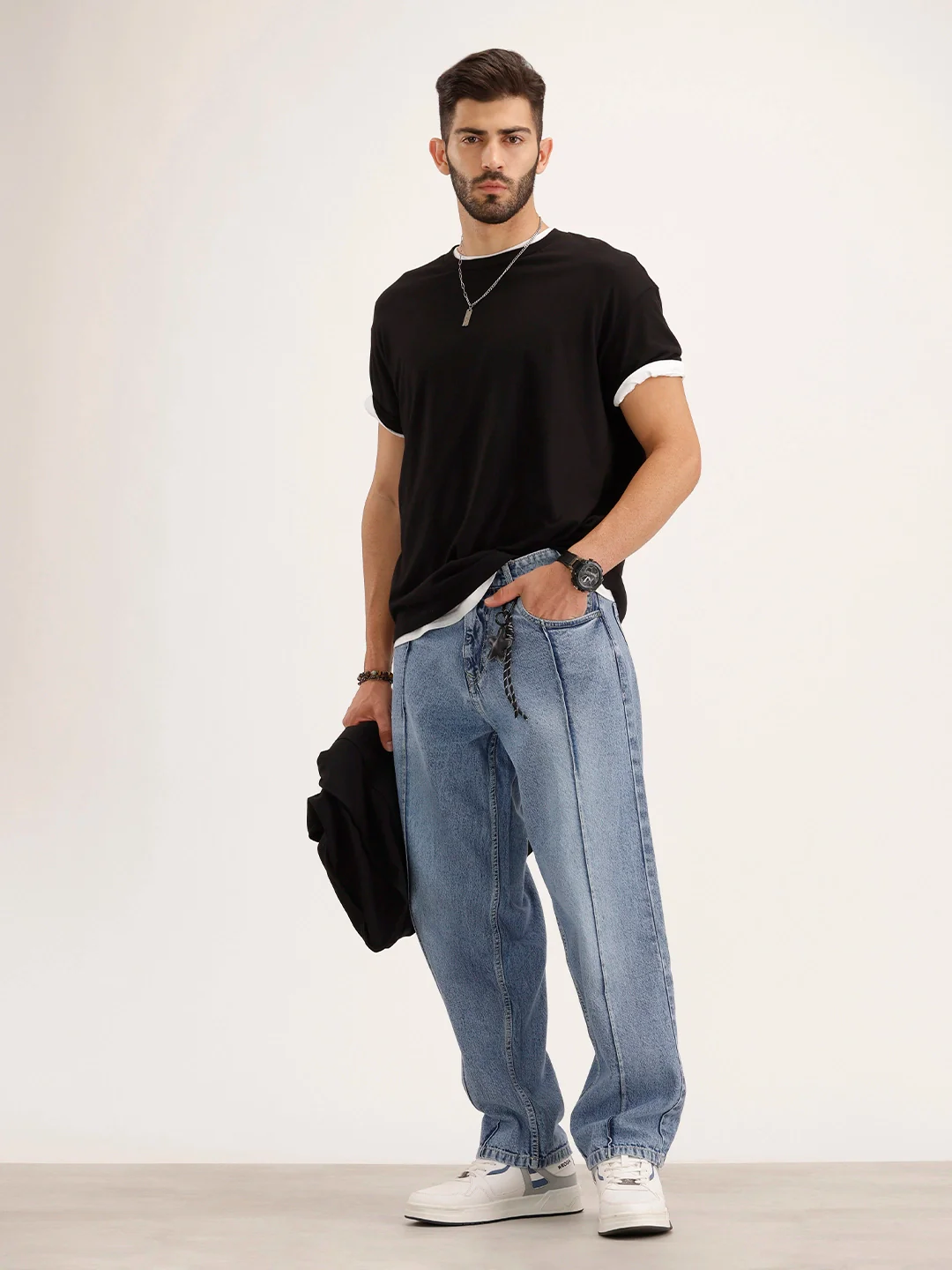 Loose Fit Cut & Sew Denim Jeans | Light Blue - Image 2