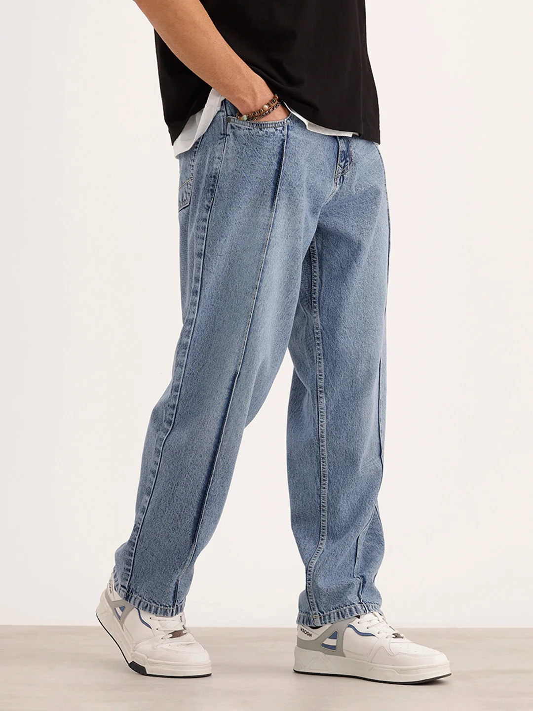 Loose Fit Cut & Sew Denim Jeans | Light Blue - Image 4