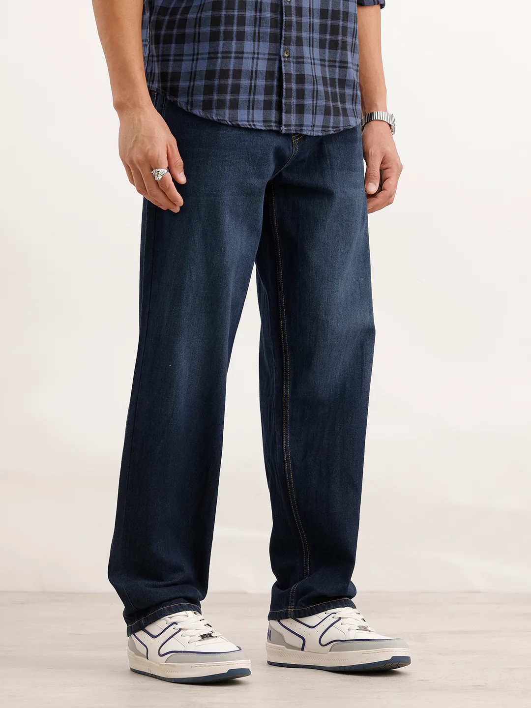 Loose Fit Faded Denim Jeans  | Dark Blue - Image 4