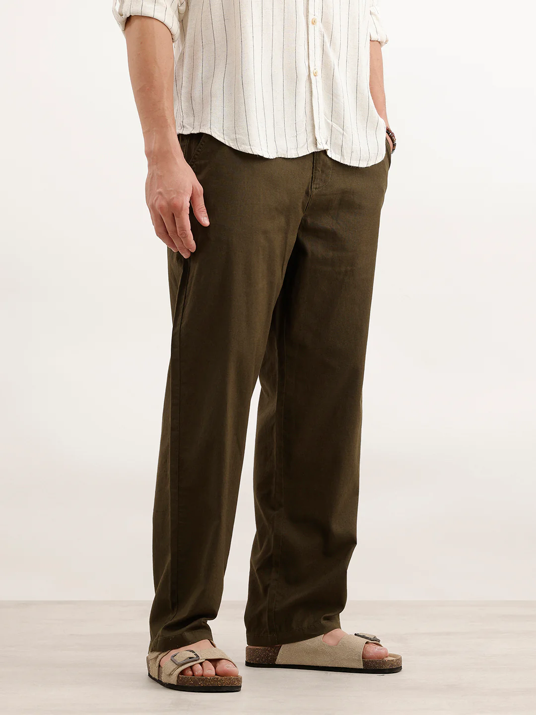Loose Fit Linen Blend Mens Casual Wear Trouser  | Olive - Image 4