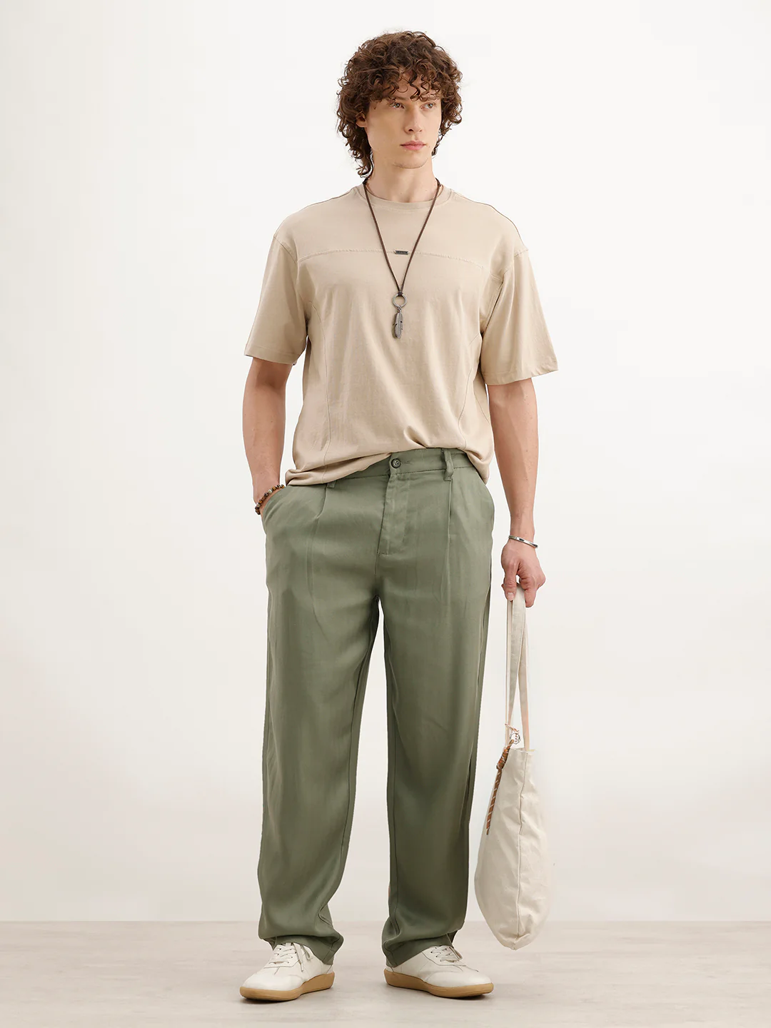 Loose Fit Linen Blend Trouser  | Green - Image 2