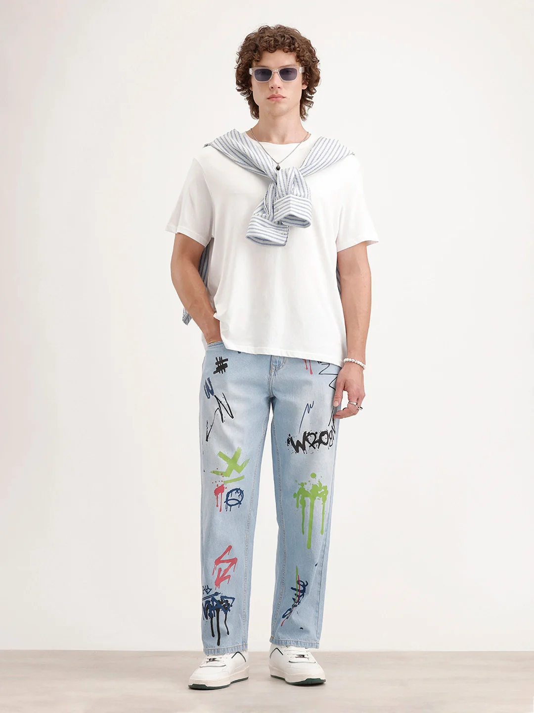 Loose Fit Placement Printed Denim Jeans | Light Blue - Image 2