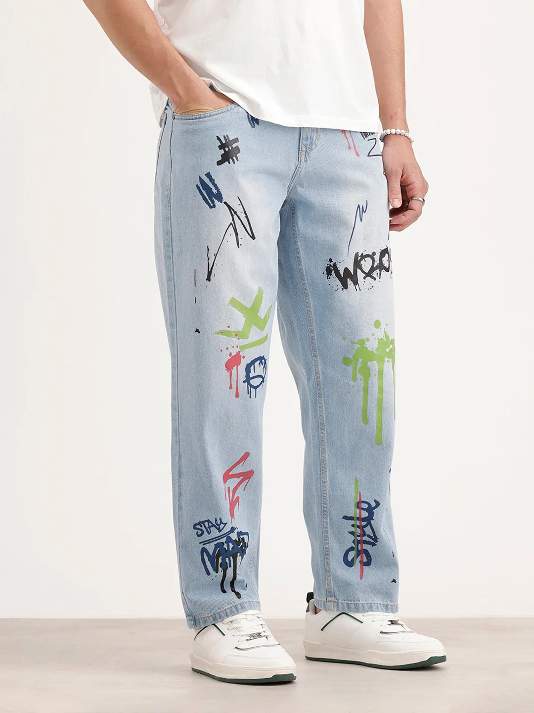 Loose Fit Placement Printed Denim Jeans | Light Blue - Image 4