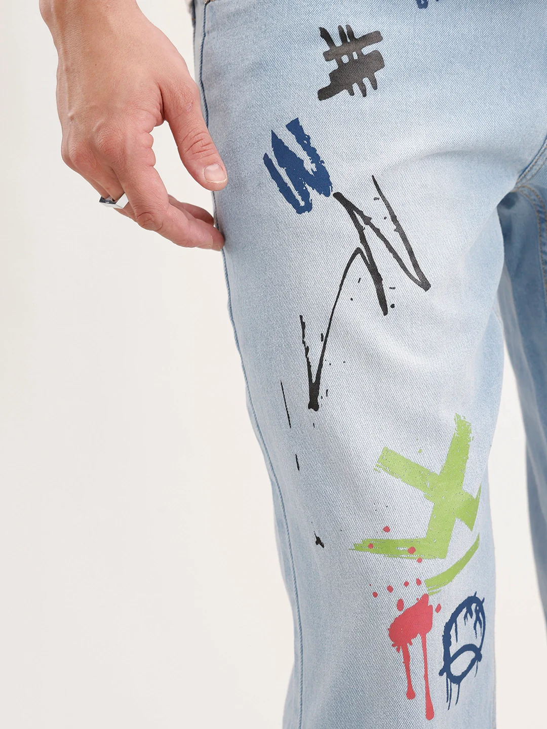 Loose Fit Placement Printed Denim Jeans | Light Blue - Image 5