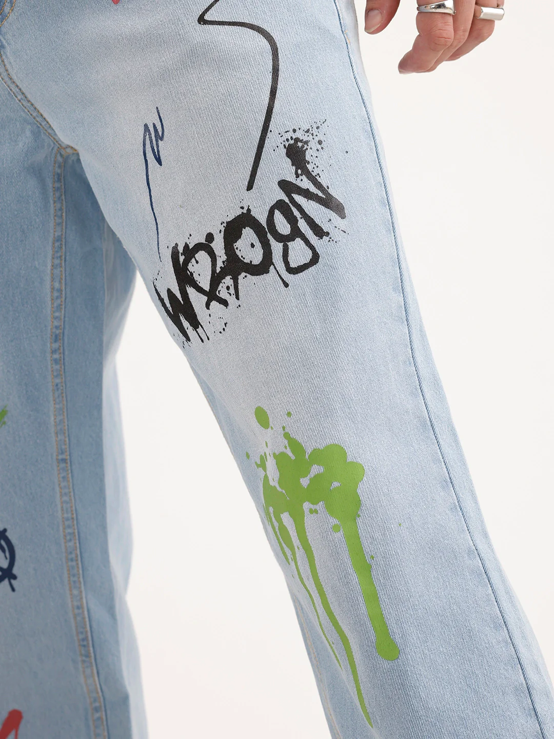 Loose Fit Placement Printed Denim Jeans | Light Blue - Image 6