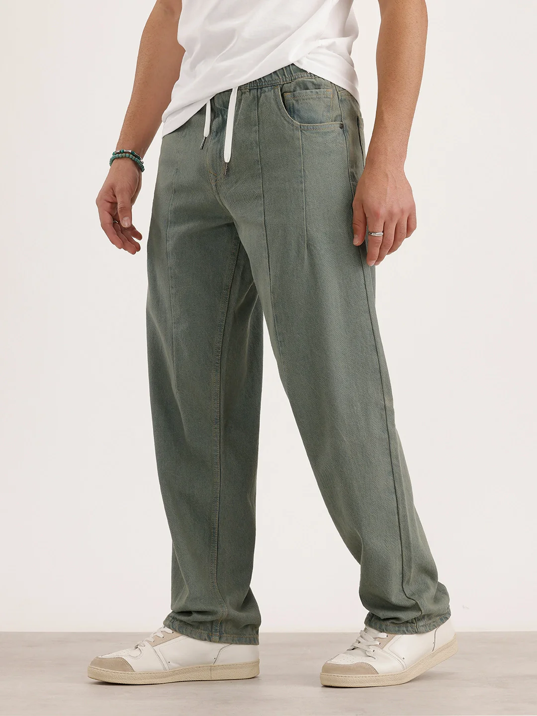 Loose Fit Pleated Denim Jeans | Olive - Image 4