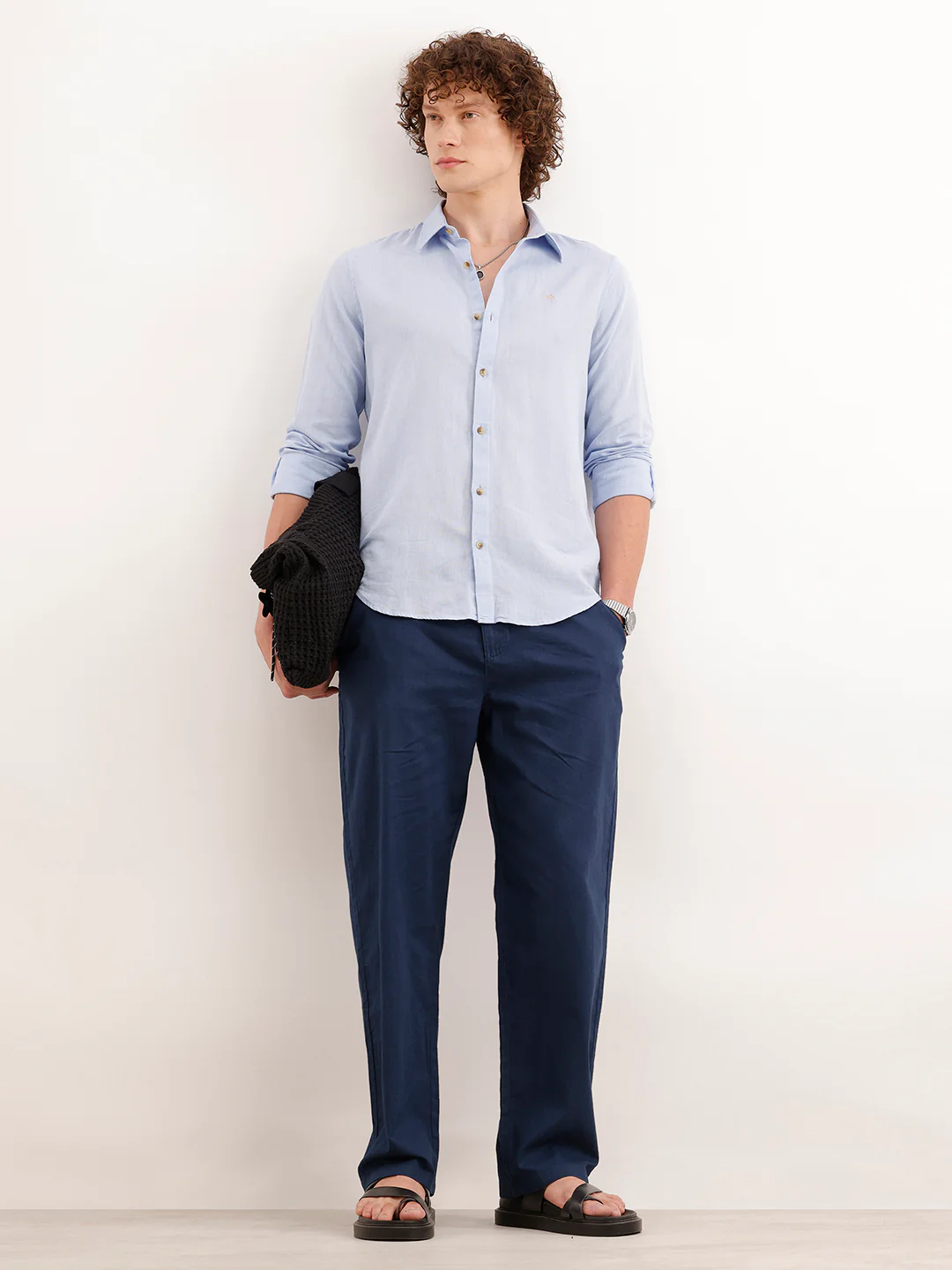 Loose Fit Solid Linen Blend Mens Trouser  | Navy Blue - Image 2