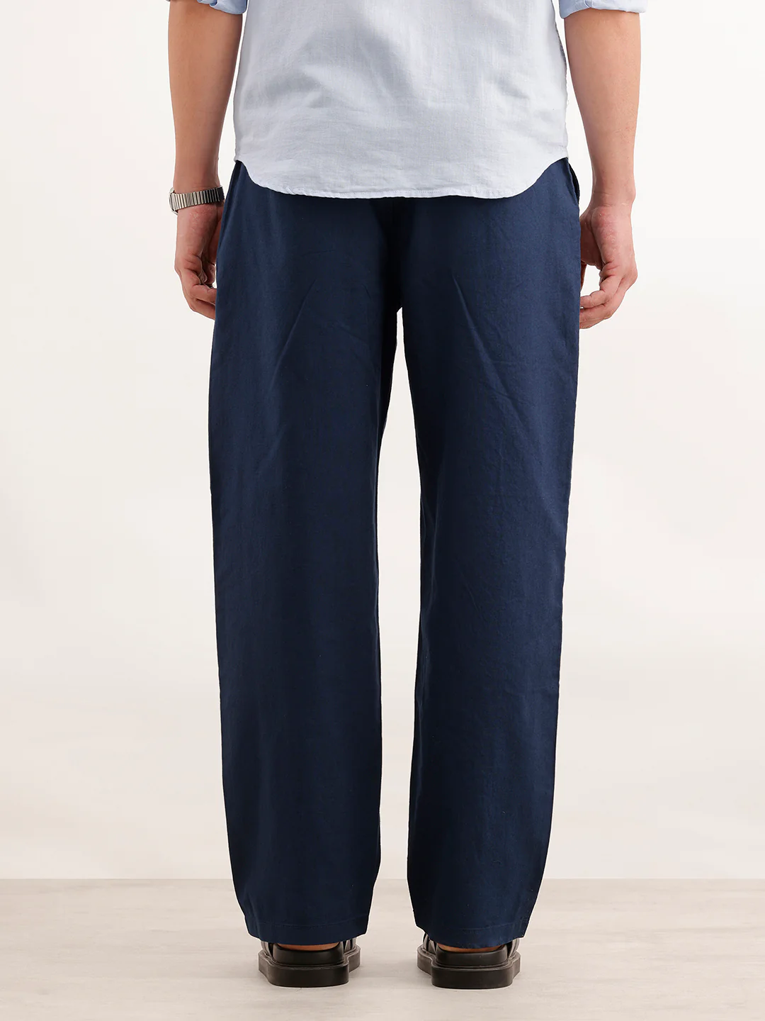 Loose Fit Solid Linen Blend Mens Trouser  | Navy Blue - Image 3