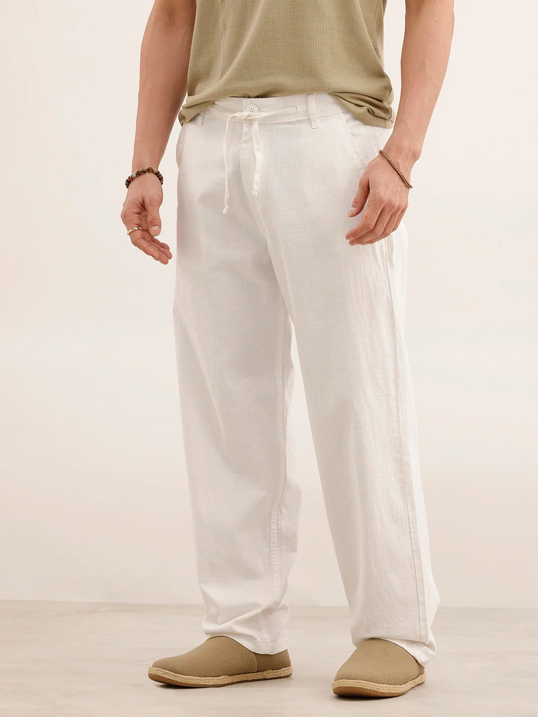 Loose Fit Solid Textured Trouser | White - Image 4