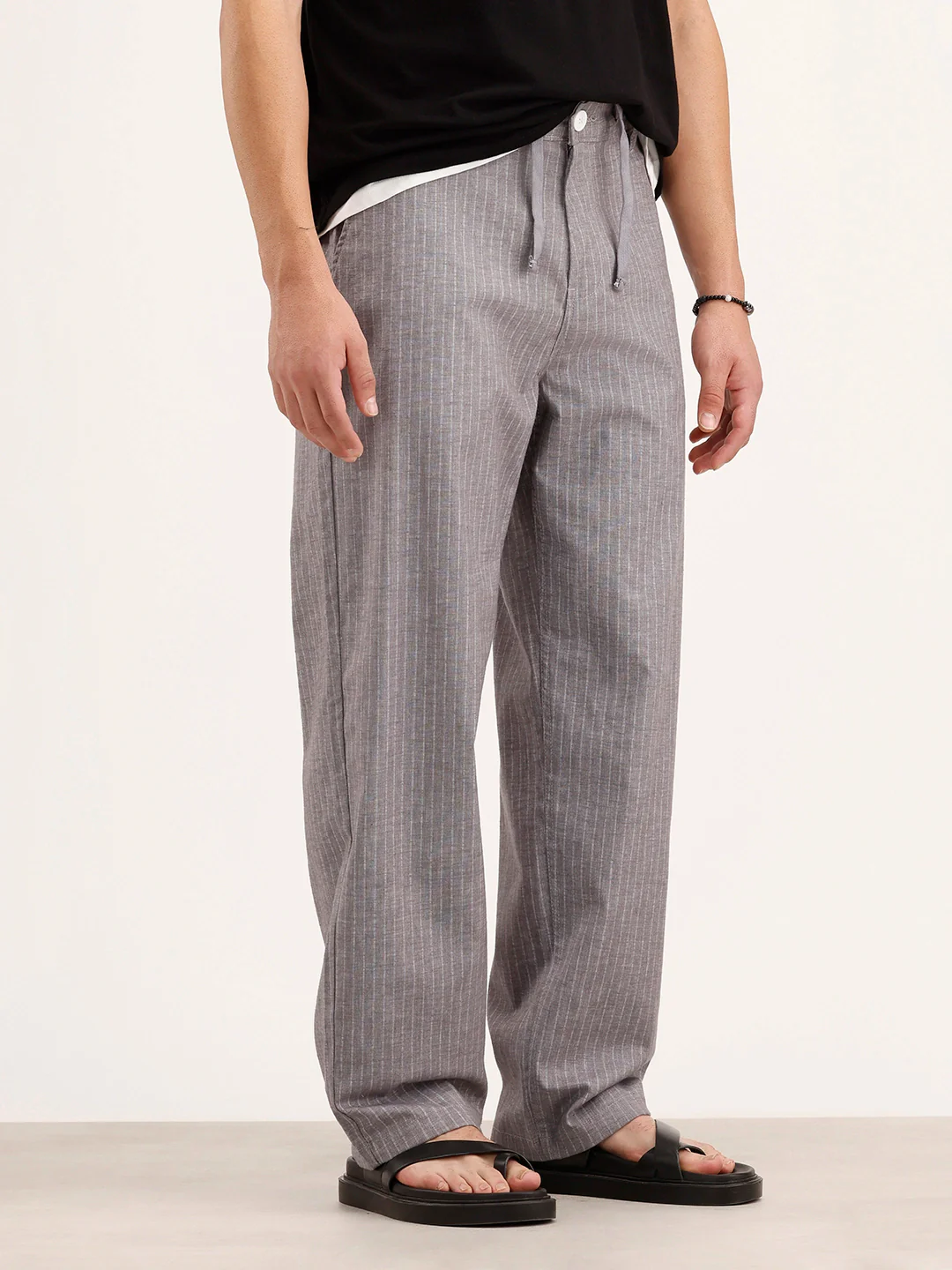 Loose Fit Linen Blend Striped Trouser | Grey - Image 4