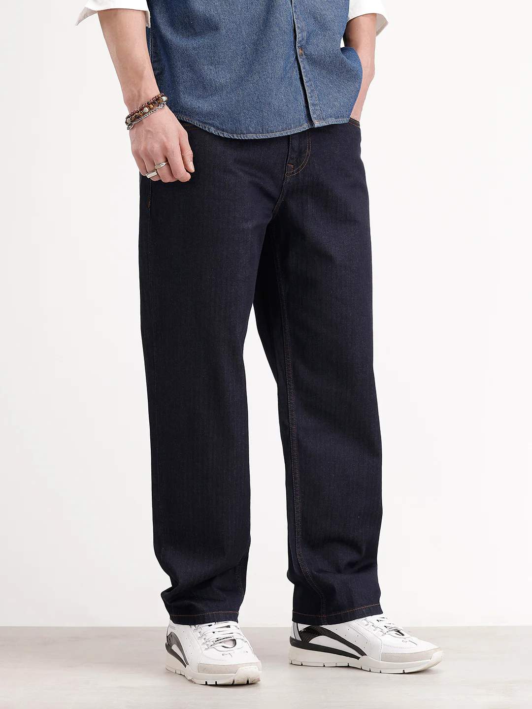 Loose Fit Textured Denim Jeans | Dark Blue - Image 4