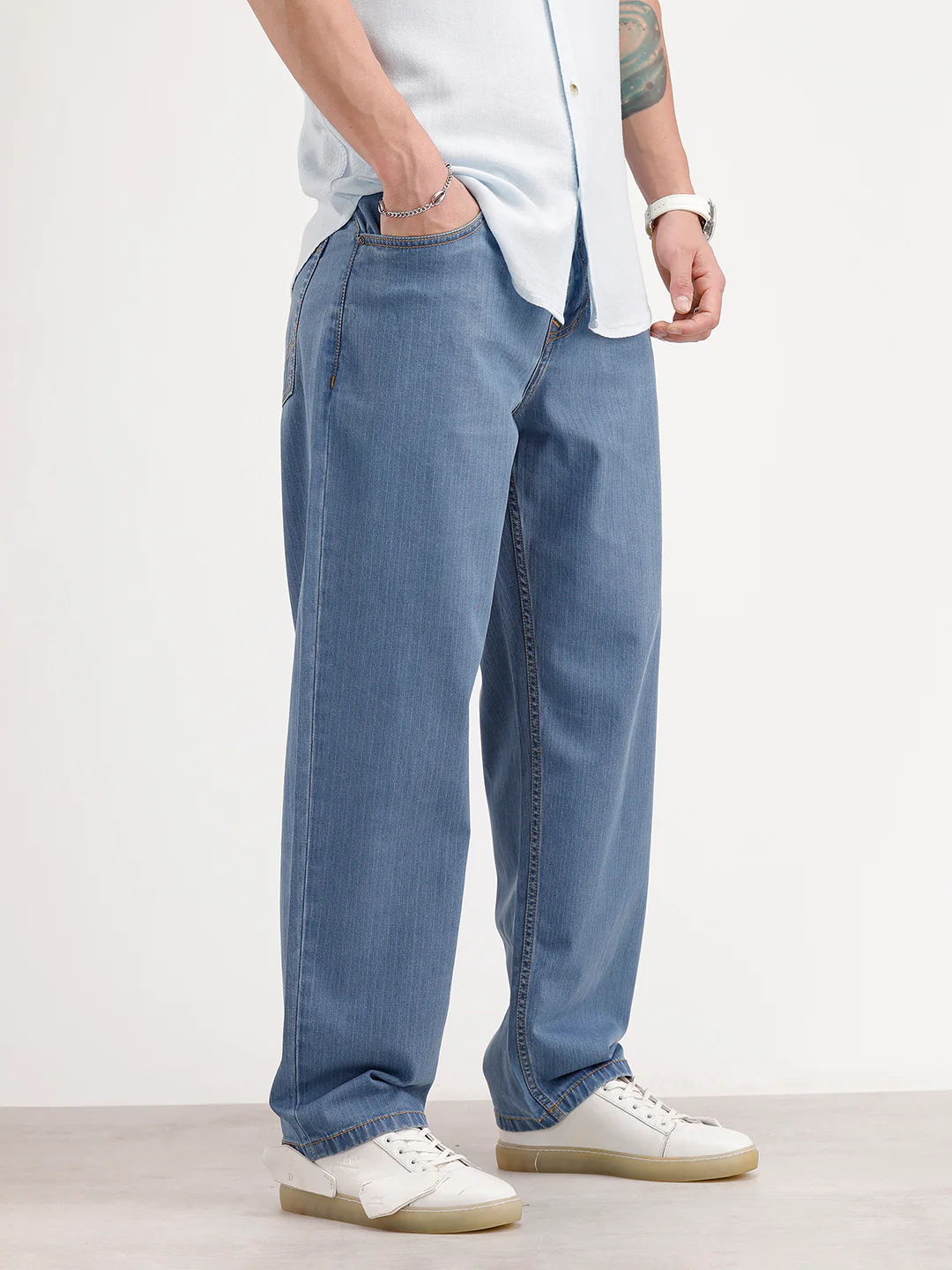 Loose Fit Textured Denim Jeans | Light Blue - Image 4