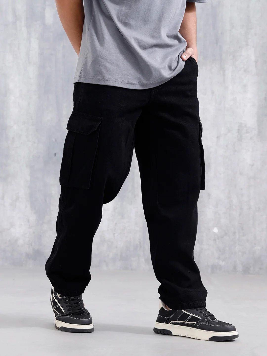 Loose Fit Workwear Trousers With Patch Pockets & Hammer Loop | Black - Image 4