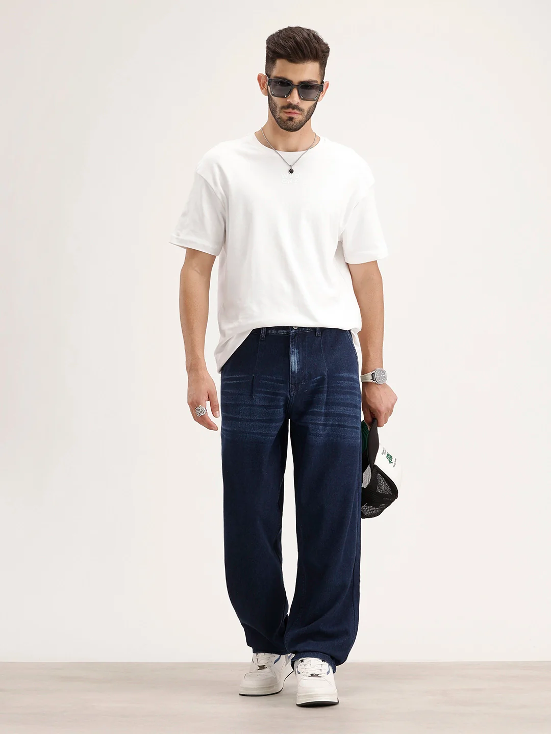 Loose Pleat Fit Denim Jeans | Dark Blue - Image 2