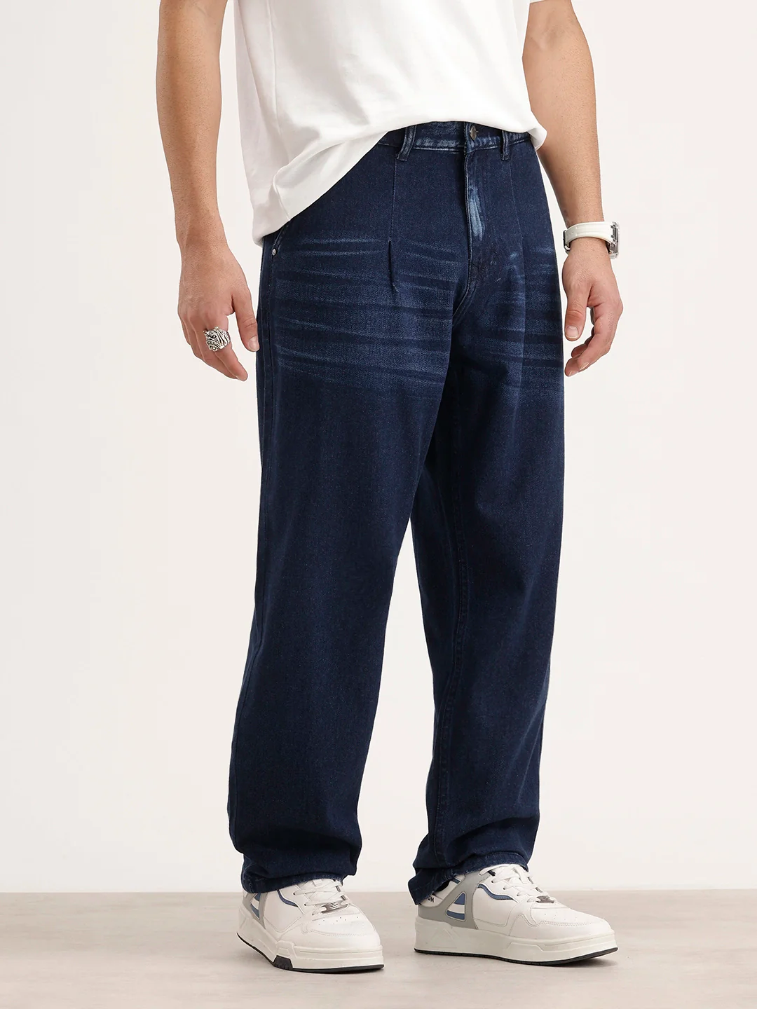 Loose Pleat Fit Denim Jeans | Dark Blue - Image 4