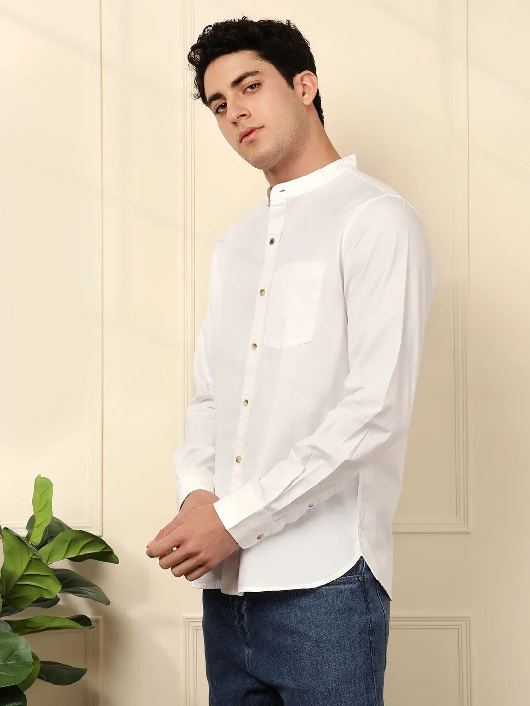 Mandarin Collar Slim Fit Shirt in White - Image 4