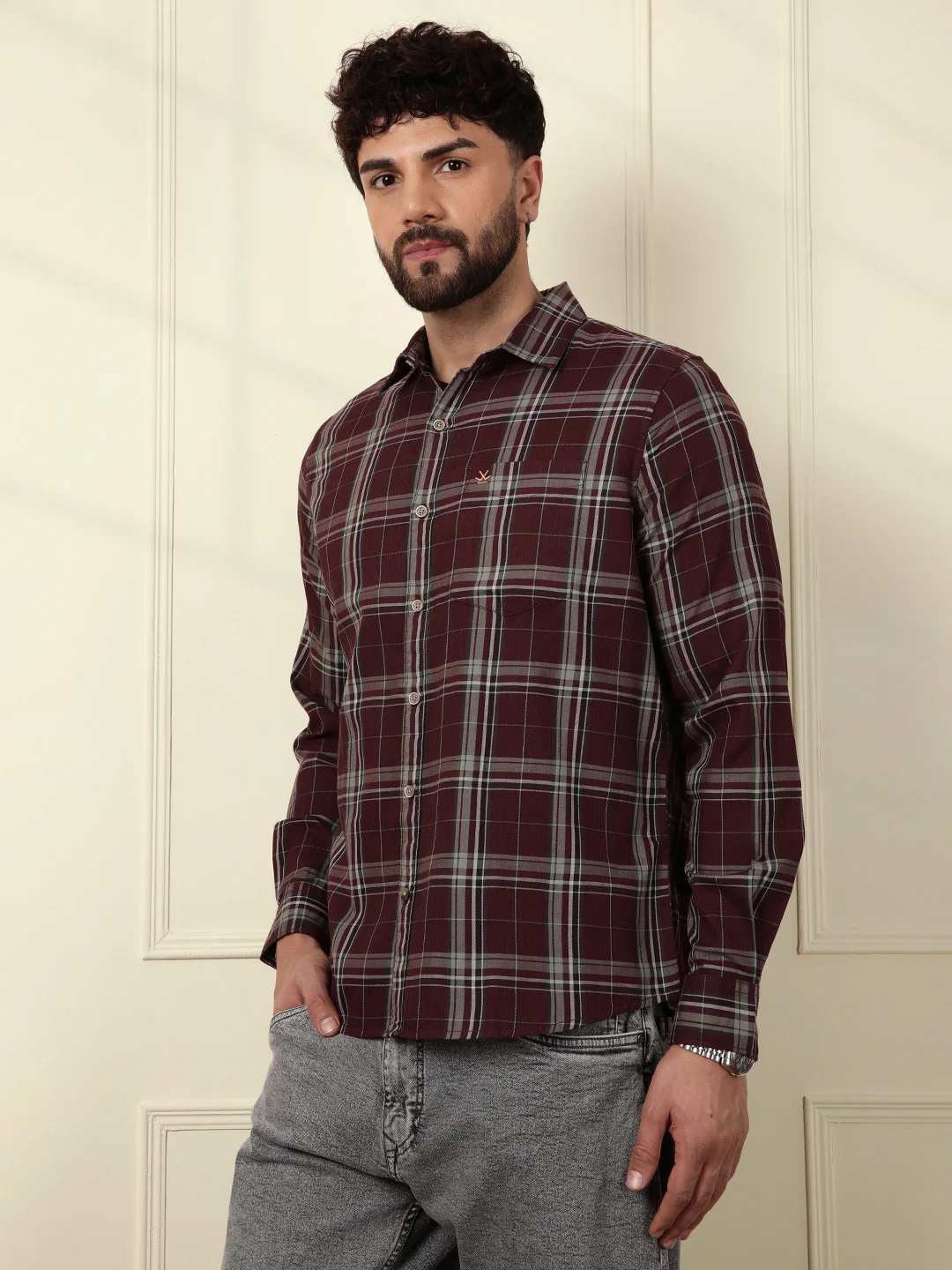 Textured Dobby Cotton Shirt | Maroon - Image 4