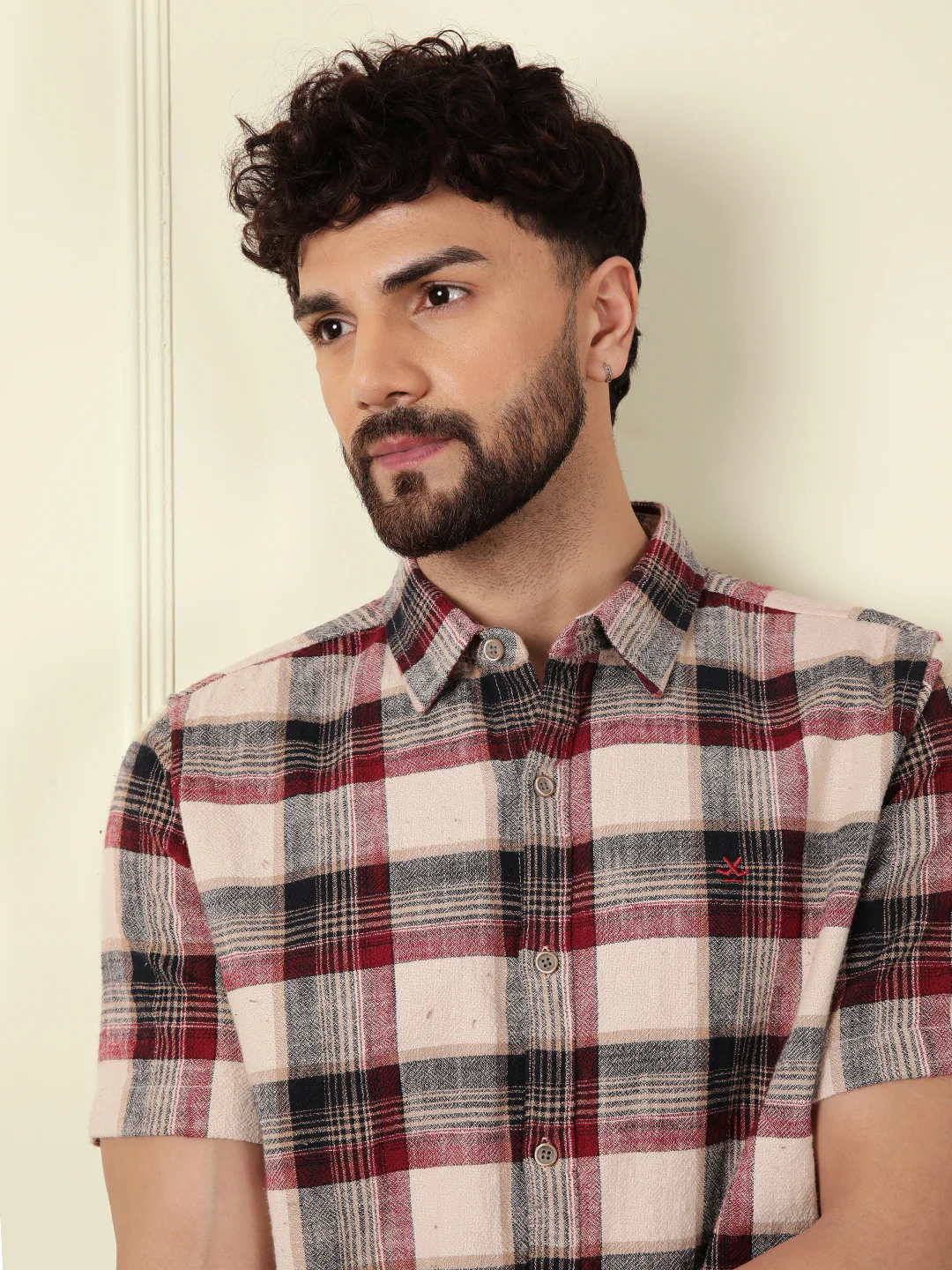 Textured Checks Cotton Shirt | Maroon - Image 5