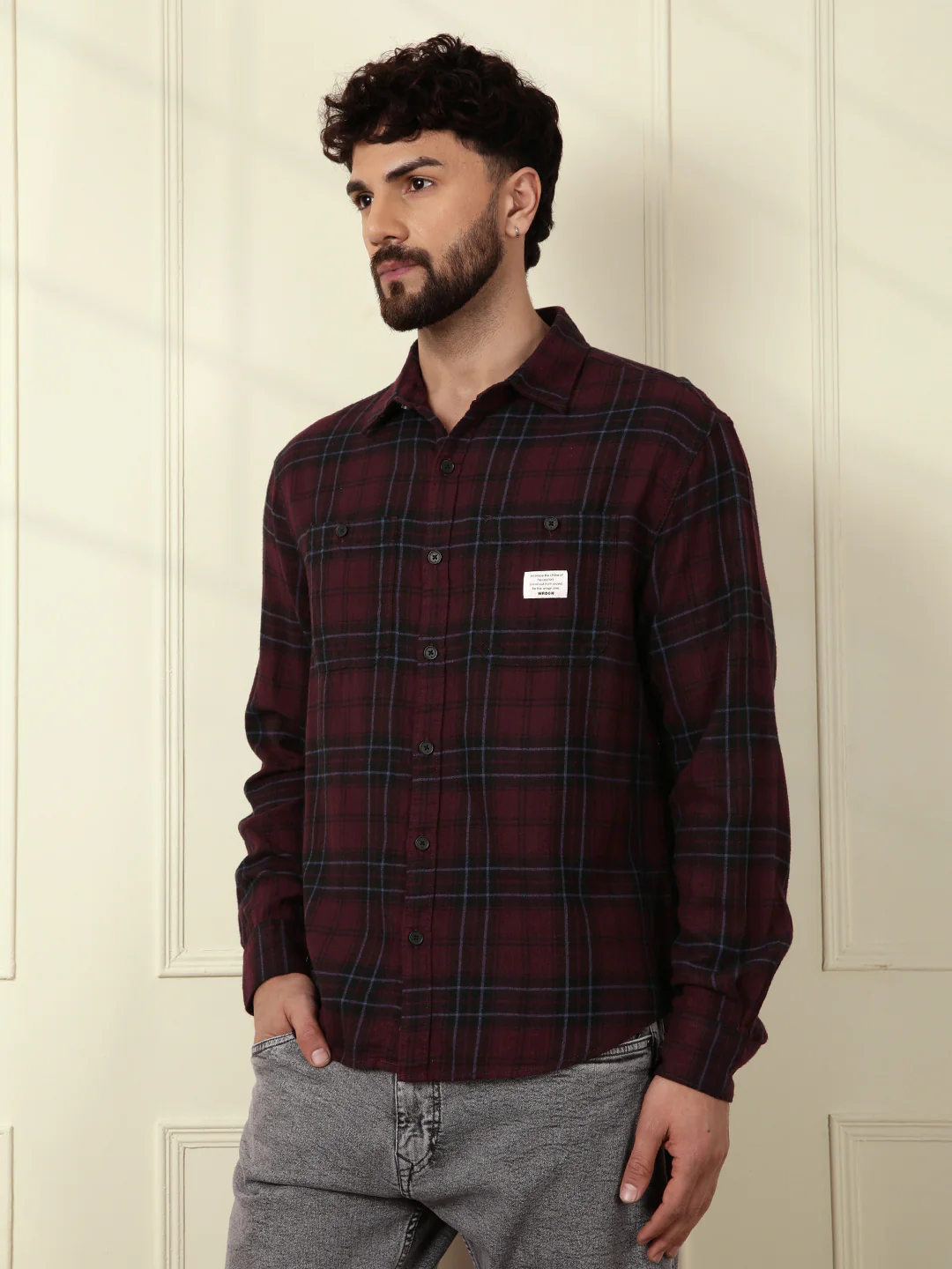 Tonal Checked Comfort Fit Shirt | Maroon - Image 4