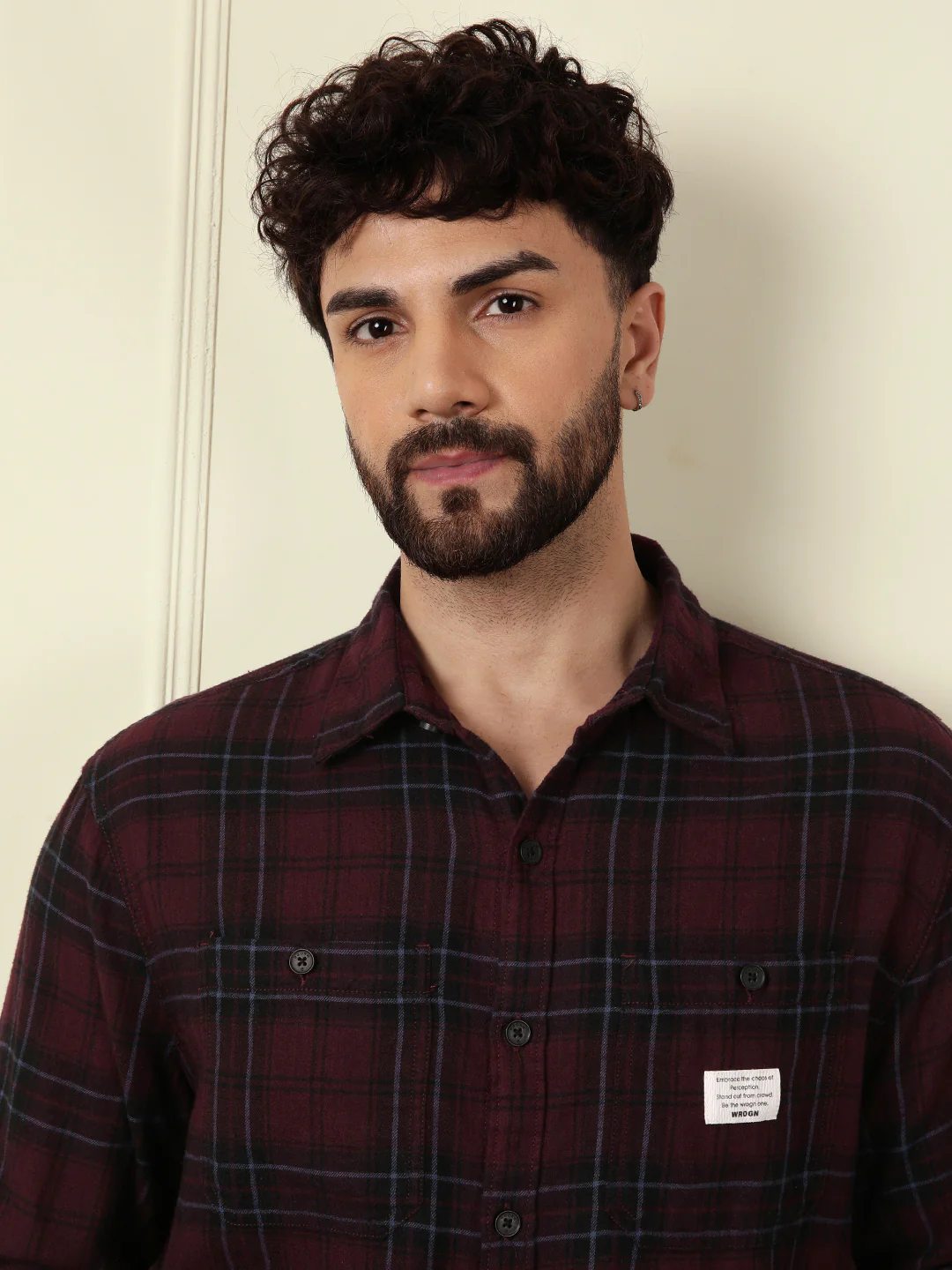Tonal Checked Comfort Fit Shirt | Maroon - Image 5