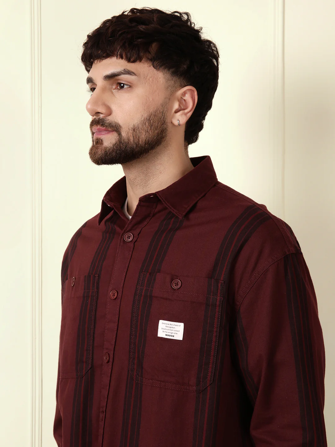 Textured Stripes Oversized Shirt | Maroon - Image 5