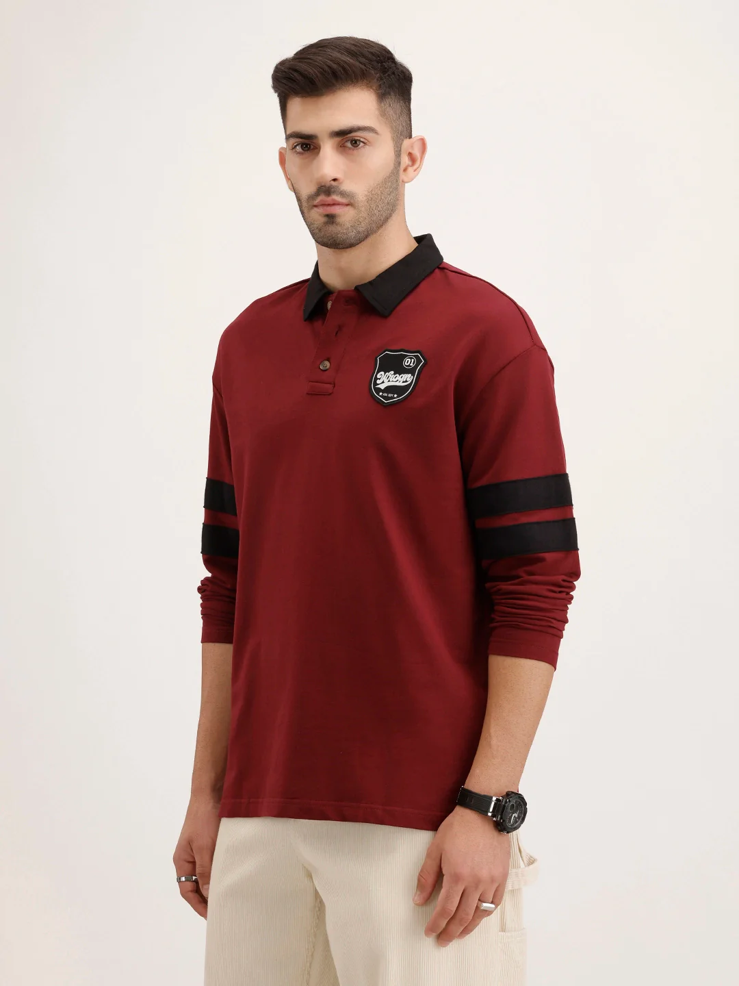 Oversized Contrast Collar Polo T-Shirt | Maroon - Image 4