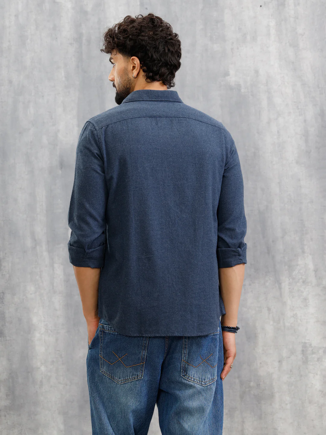 Melange Fabric Smart Shirt In Slim Fit  | Navy Blue - Image 3