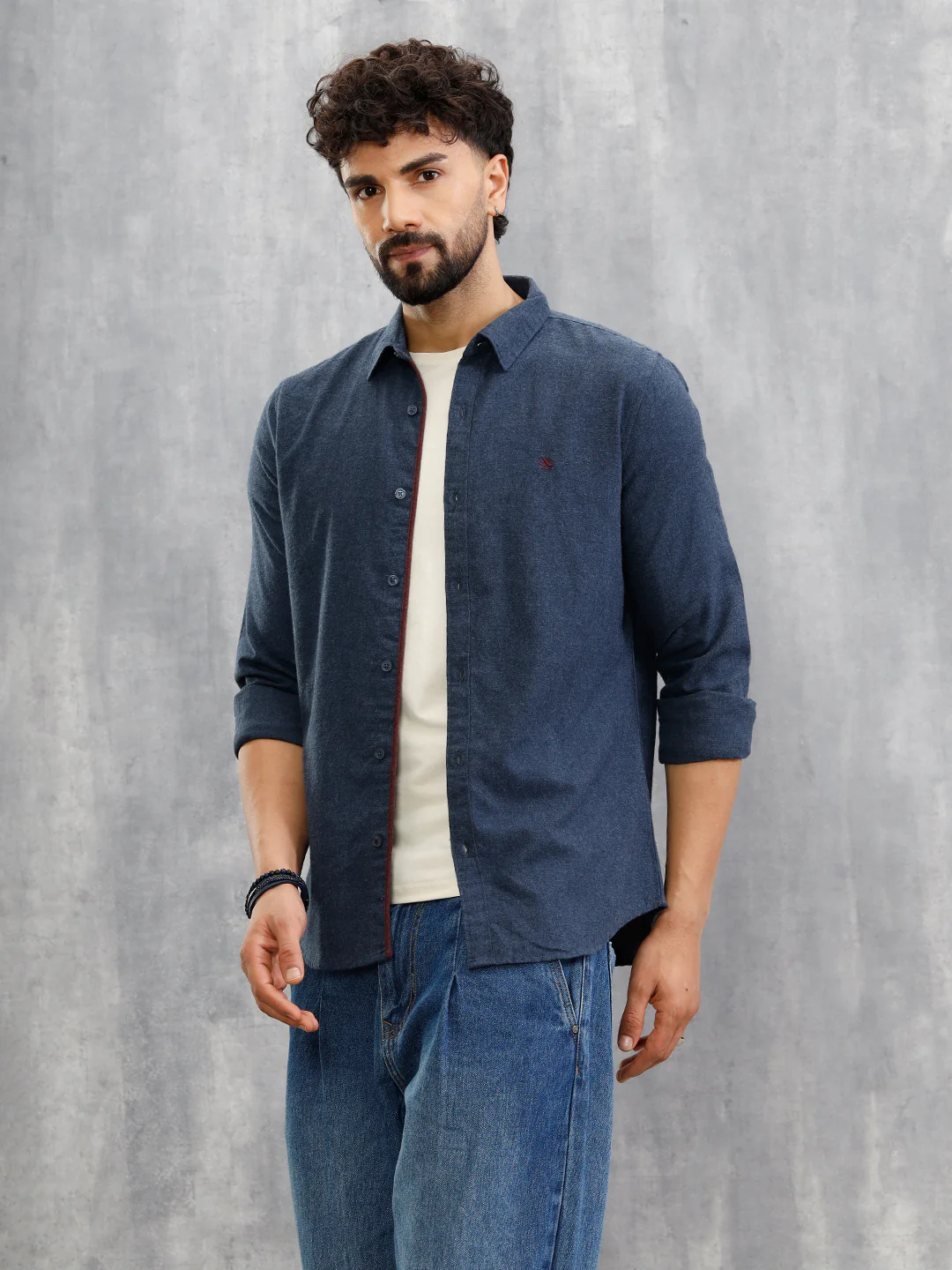 Melange Fabric Smart Shirt In Slim Fit  | Navy Blue - Image 5
