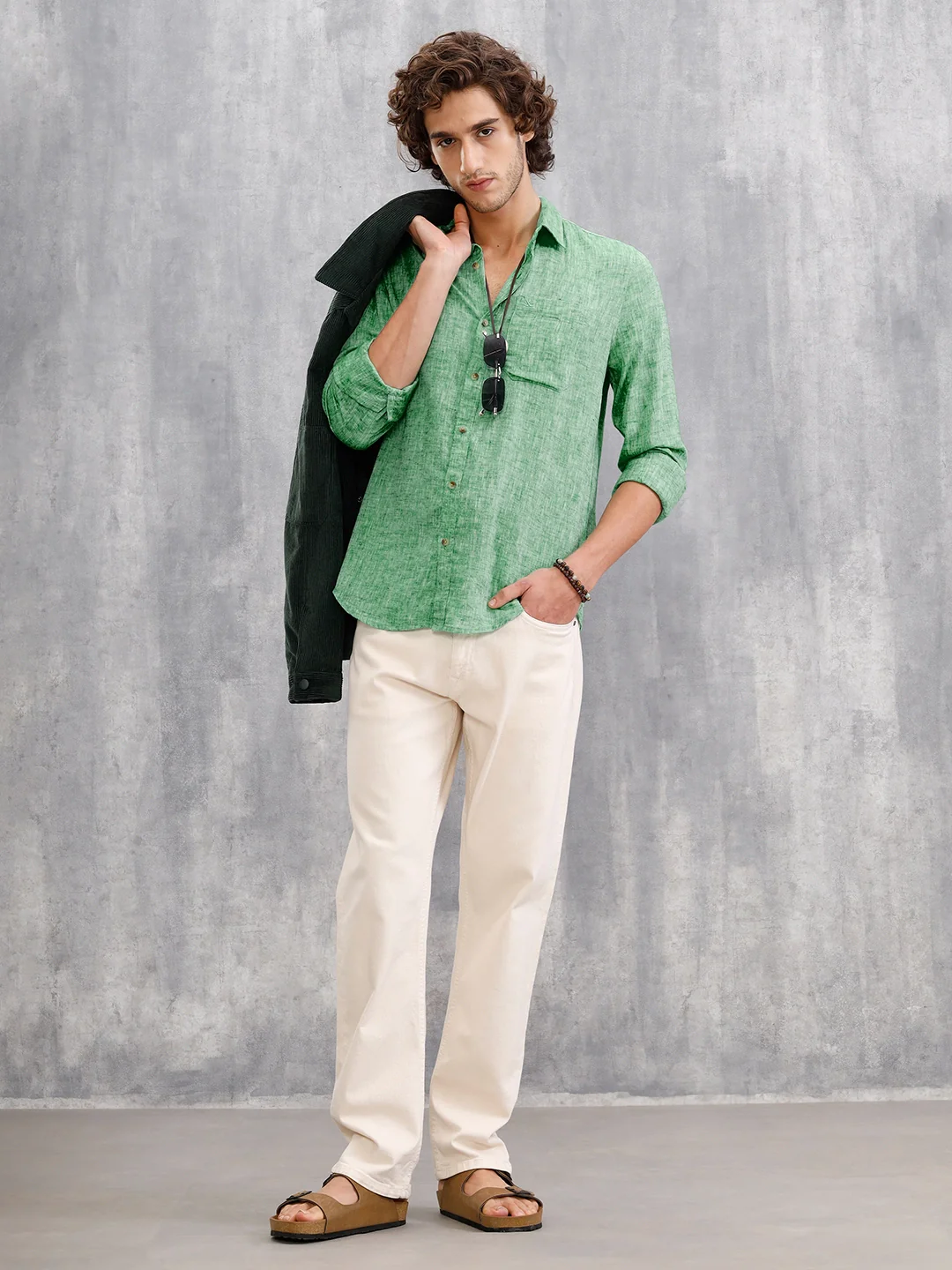 Melange Look 100%Cotton Regular Fit Shirt | Green - Image 2