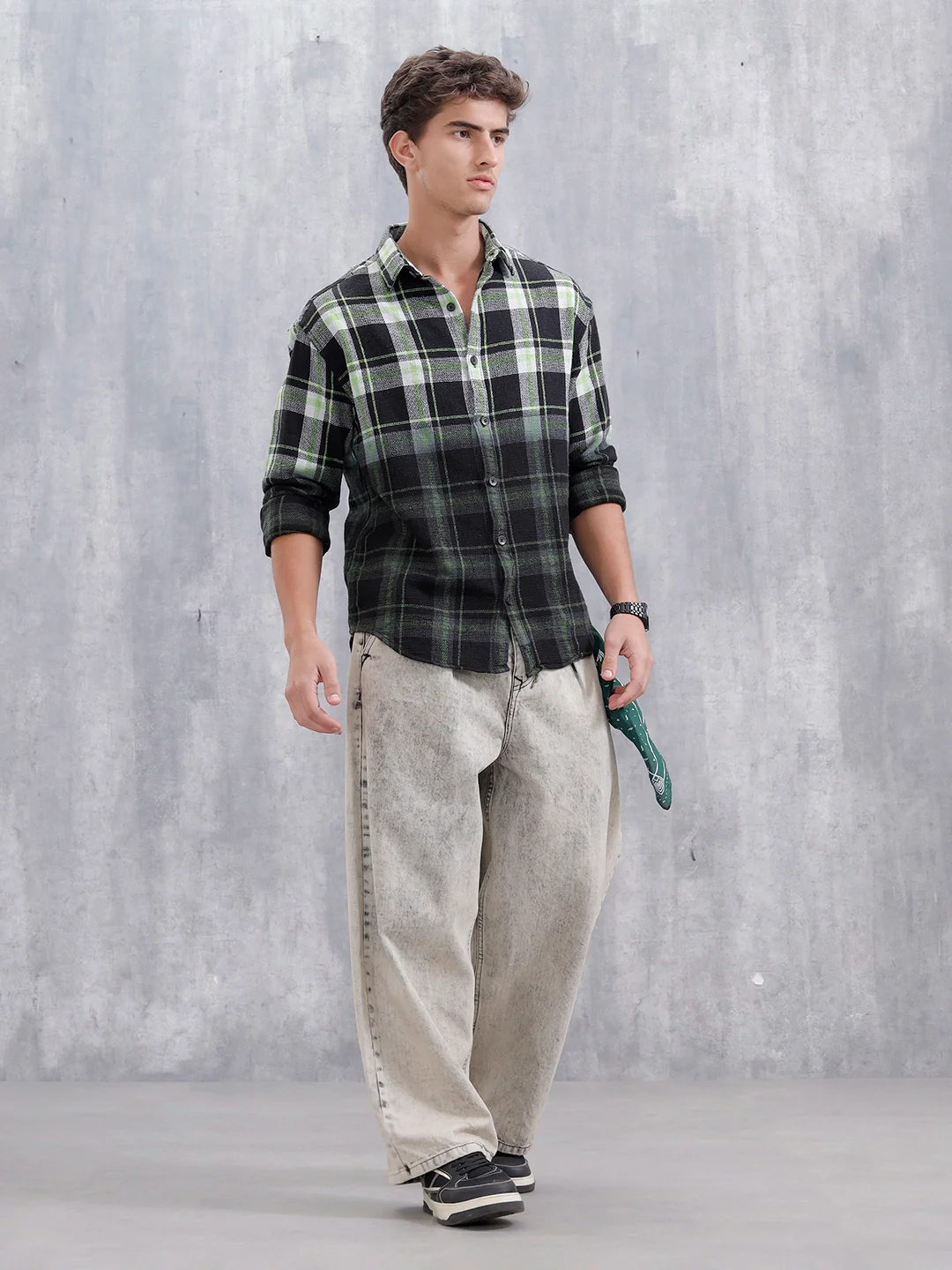 Men Checkered Pattern Oversized Fit Shirt | Black - Image 2