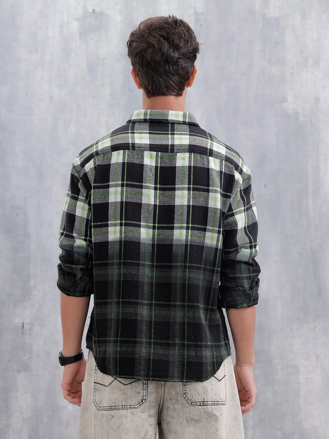Men Checkered Pattern Oversized Fit Shirt | Black - Image 3