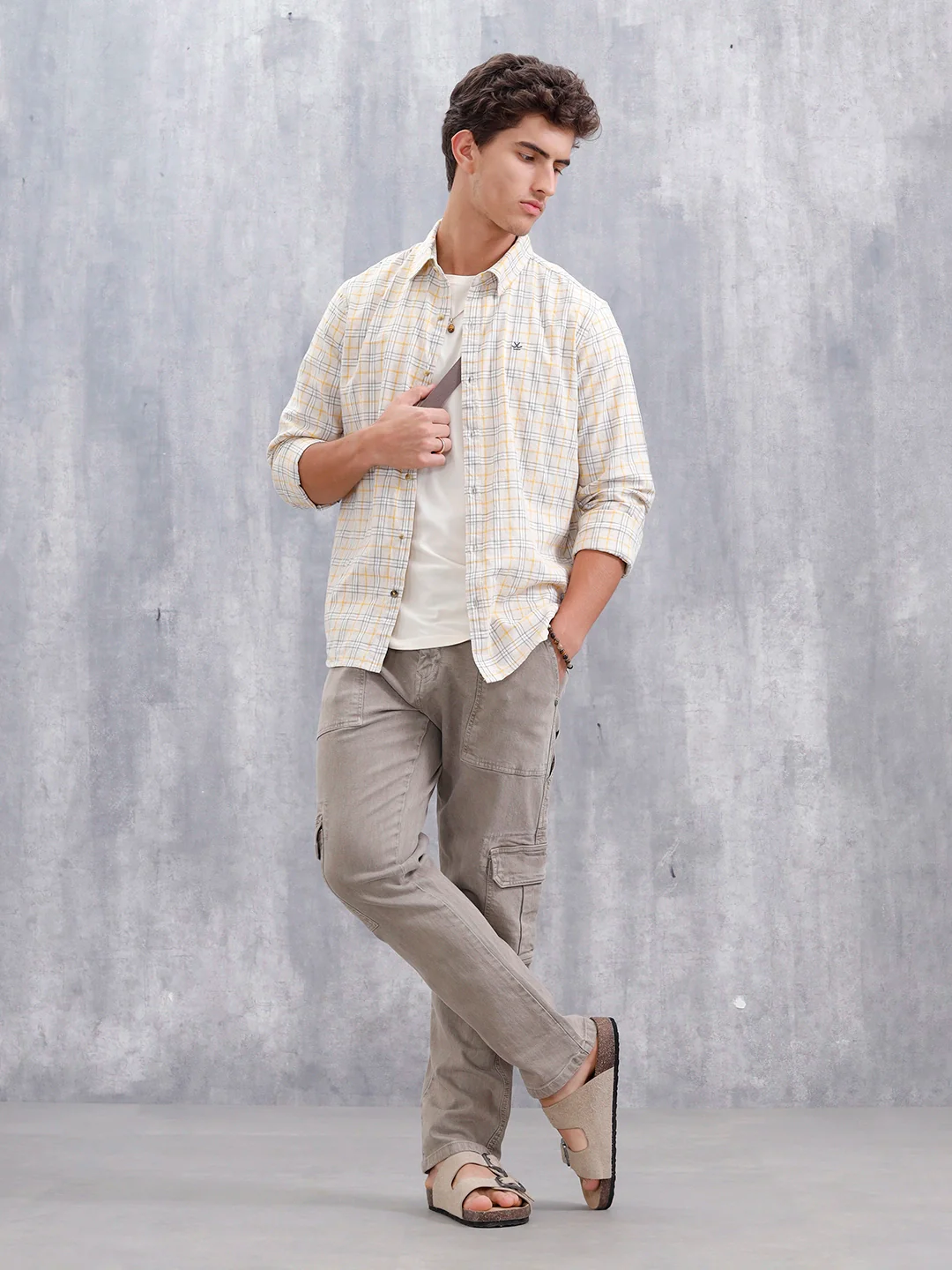 Men Checkered Pattern Slim Fit Shirt  | Beige - Image 2