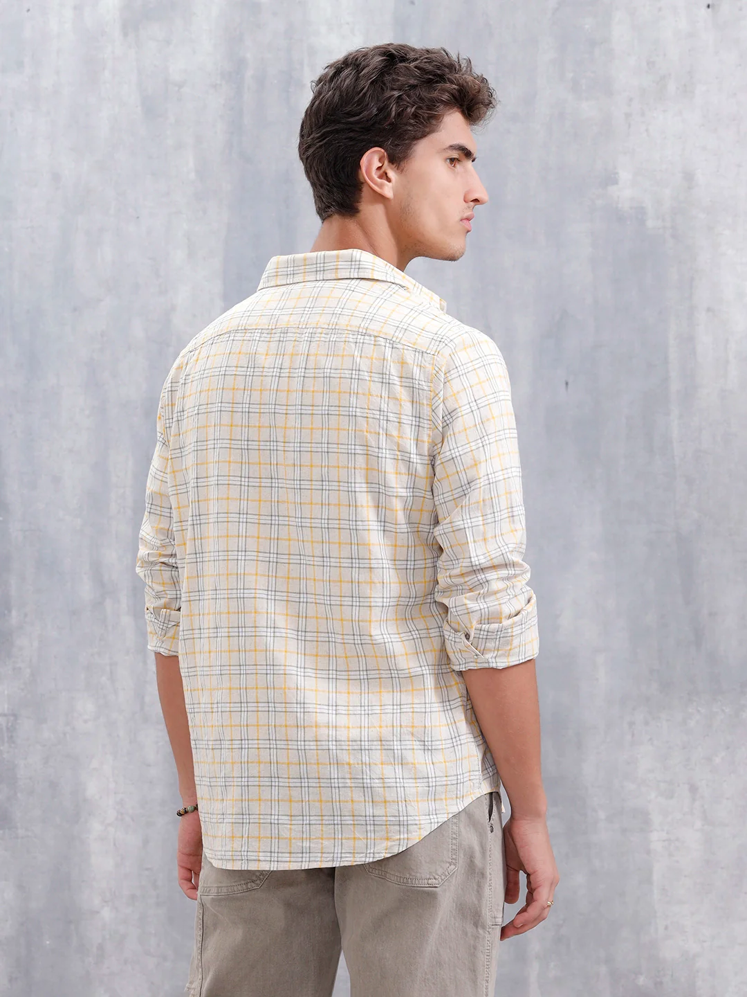 Men Checkered Pattern Slim Fit Shirt  | Beige - Image 3