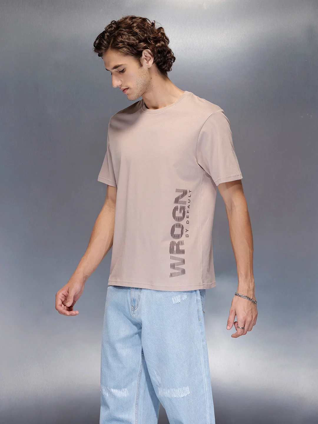 Men’s beige basic print crew neck t-shirt | Beige - Image 4