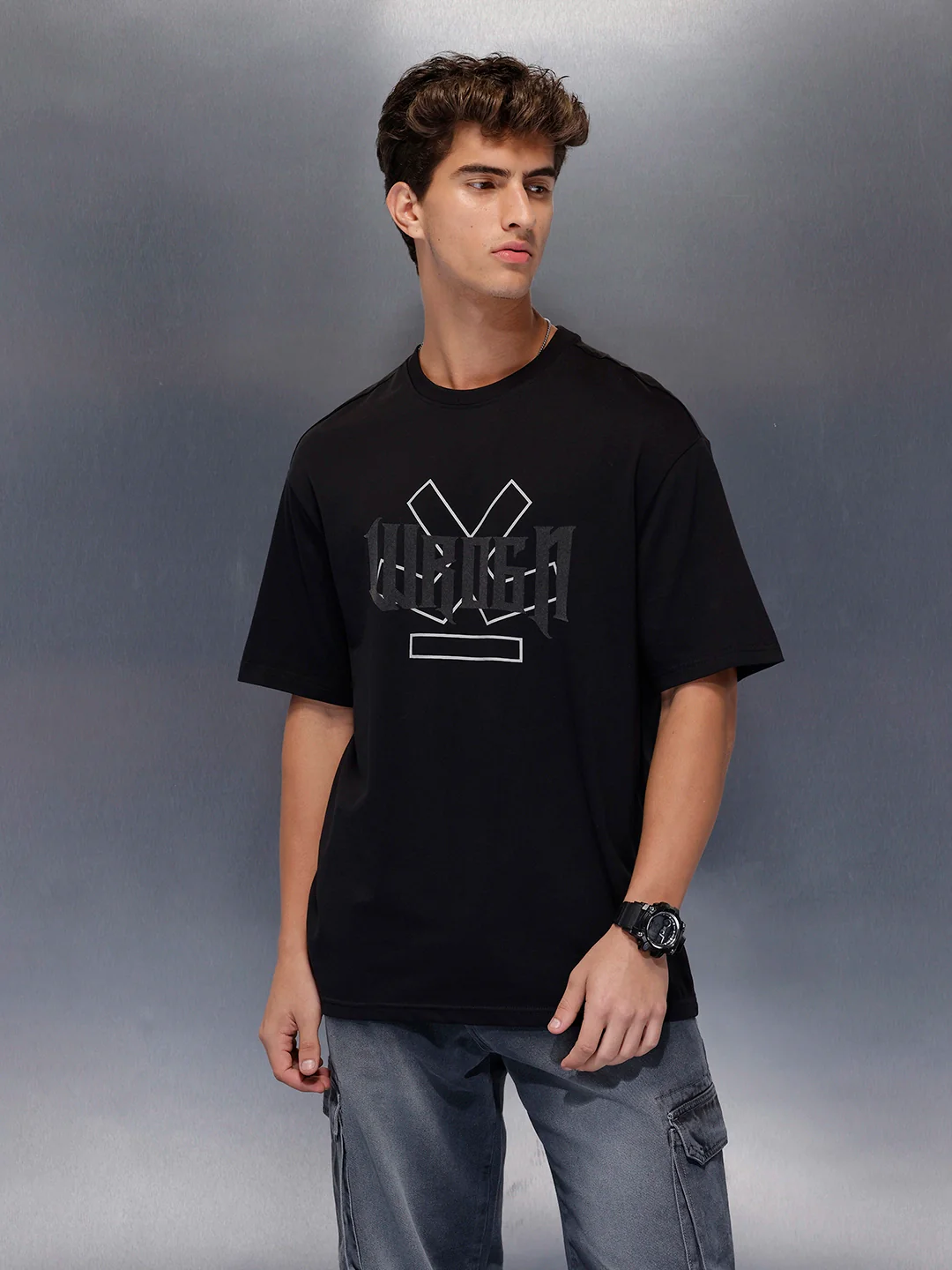 Men’s Beige Bold Logo T-Shirt | Black - Image 5
