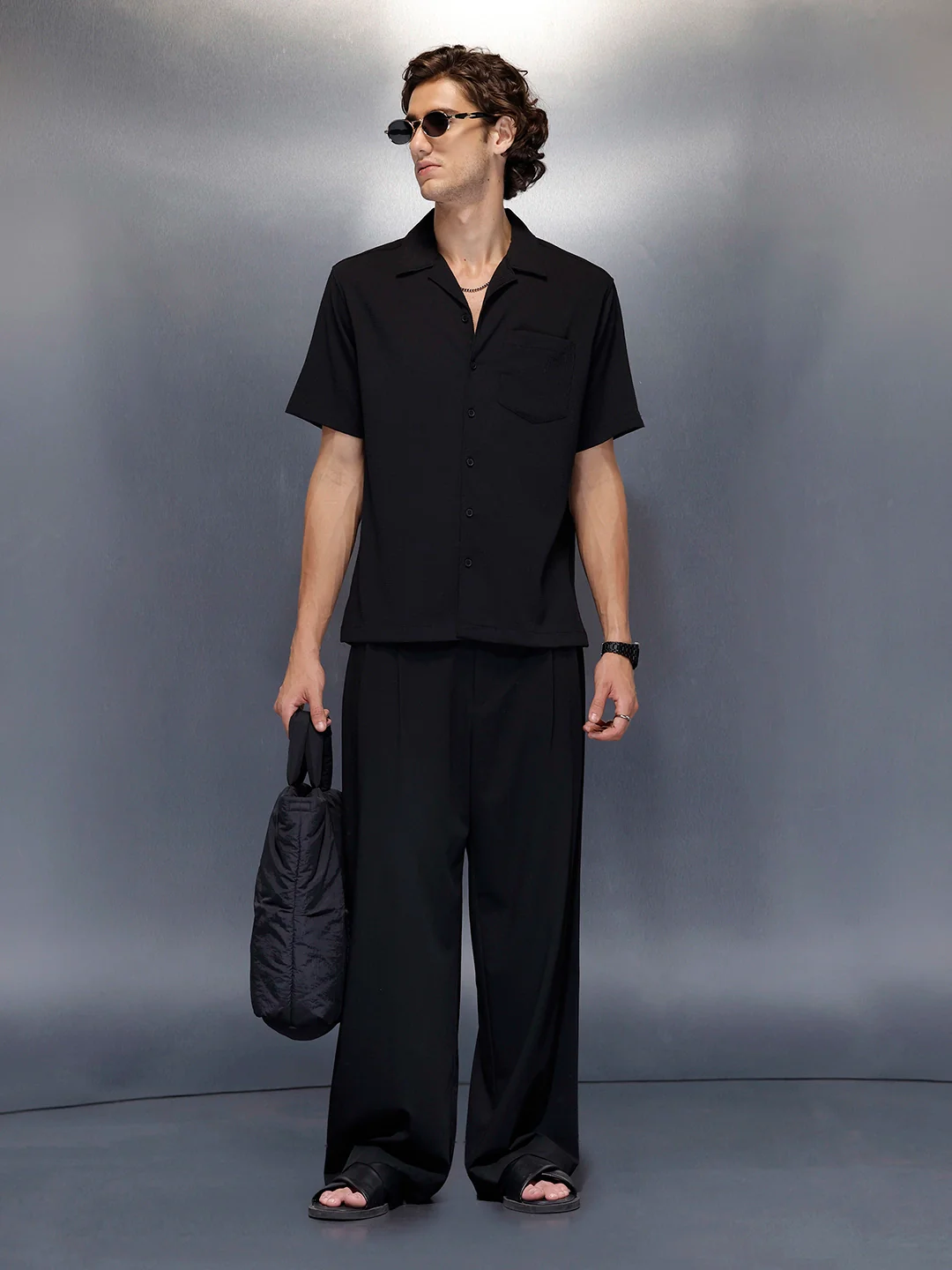 Men’s black casual camp collar shirt | Black - Image 2