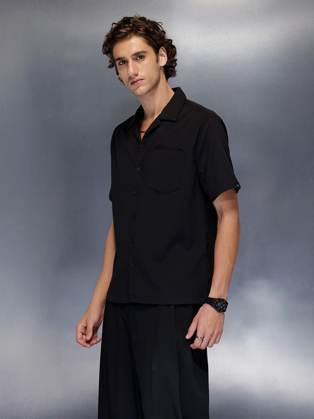 Men’s black casual camp collar shirt | Black - Image 4