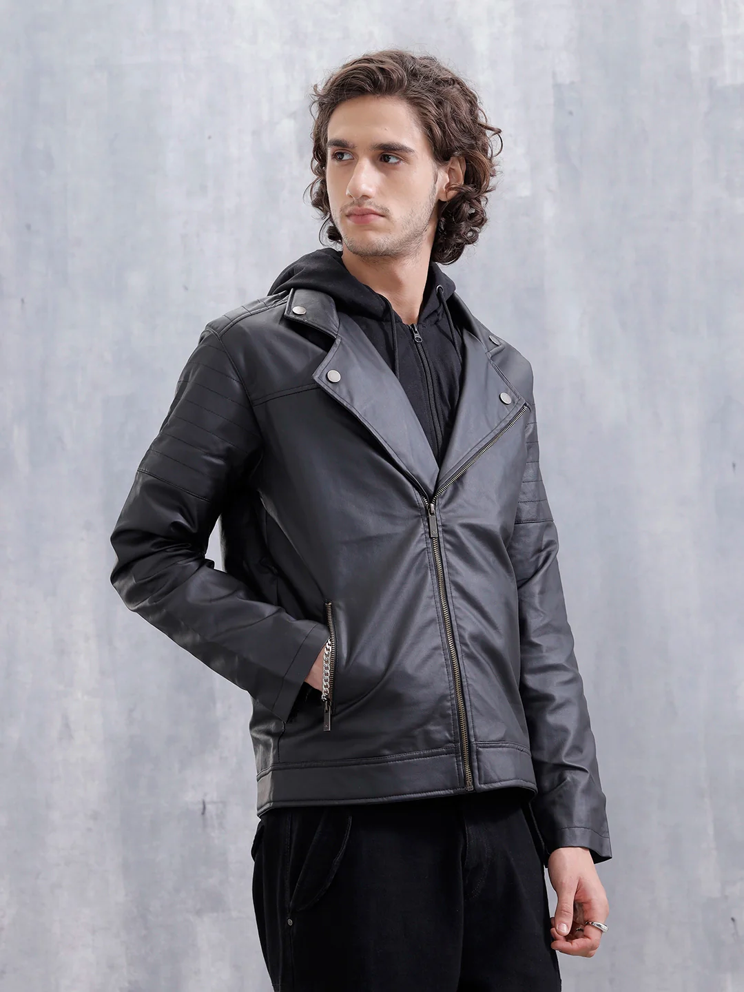 Men’s Black Slim Fit Biker Jacket | Black - Image 5